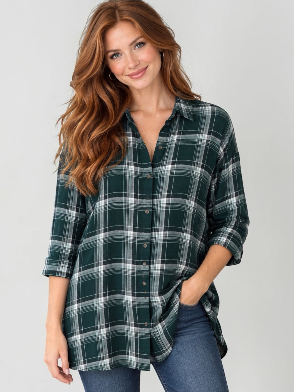 NWT J.Jill Mixed Plaid Double Cloth Tunic Shirt Plus Size 4X Evergreen Pockets
